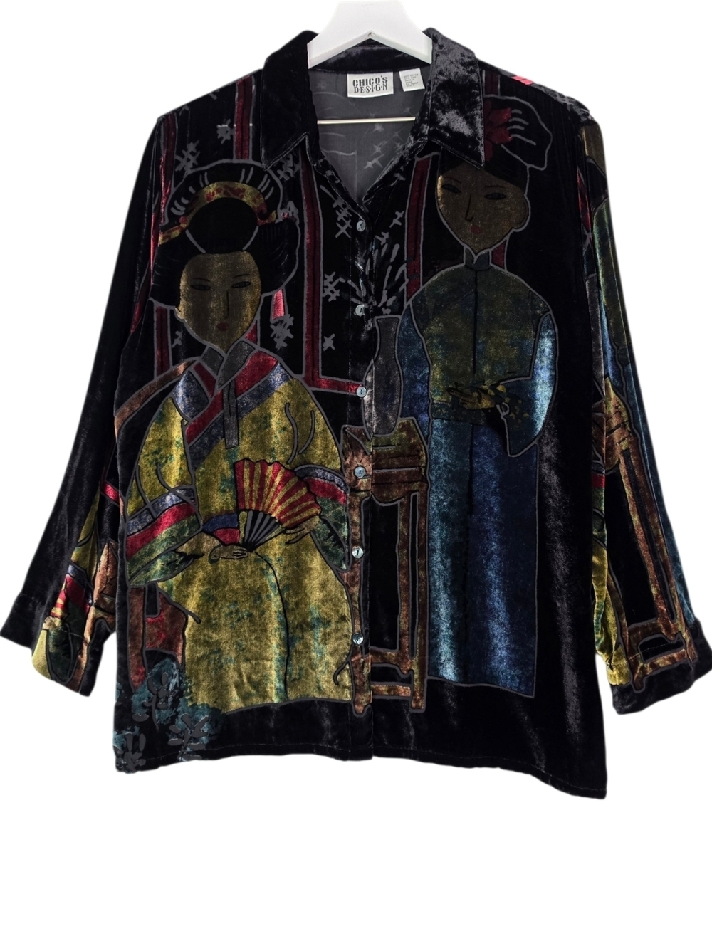 Vintage Chico’s Burn Out Velvet Geisha Asian Blouse Top Size L Art to Wear